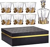 Aioneer Hochwertige Karaffe für Herren, gravierte Kristallkaraffe, 7-teilig, Karaffe und Becher mit 6 Gläsern, Gold, für Spirituosen