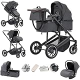 Lnhcrbs 3-in-1-Kinderwagen, Reisesystem, grauer Kinderwagen und Autositz-Set, kompakter Kinderwagen mit Moskitonetz-Regenschutz, mit verstellbarem Griff, leichter Kinderwagen mit Gestell aus
