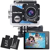 Nvgfelis Action Cam FHD, Unterwasserkamera wasserdicht bis 30M, Actionkamera mit 2×900 mAh wiederaufladbare Akkus und Zubehör-Set