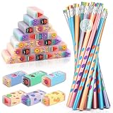 SKAMORI 60 Stück Bleistifte mit Radiergummi Set, 30 HB Kinderbleistifte + 30 Lustige Radiergummis Kinder, Bleistifte Kinder für Mitgebsel Kindergeburtstag 4 5 6 7 8 Jahre