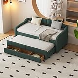 Merax Schlafsofa 90x200 cm, Tagesbett ausziehbar mit Ausziehfunktion Einzel & Doppelbett, Kinderbett mit Stauraum, Sofabett Jugendbett mit Lattenrost, für Wohnzimmer/Schlafzimmer/Gästezimmer, Grün