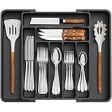 Lifewit Besteckkasten für Schublade, Verstellbarer Besteckeinsatz Breite von 30 auf 50 cm, Kunststoff Besteckhalter, Schubladeneinsatz küche Tiefe 38 cm, Küchen Organizer für Löffel/Gabeln, Schwarz