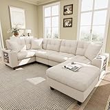 Merax Ecksofa Modulares L-förmiges Sofa mit beweglichem Fußhocker (L/U-Form), Bücherregal-Armlehnen, USB/Typ-C und 2 Getränkehalter, Chenille, Modernes Couch für Wohnzimmer/Schlafzimmer, Beige