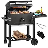 YITAHOME XL Holzkohlegrill BBQ Smoker Grillwagen mit Deluxe Emaille-Kohlenstoffpfanne & Thermometer, Standgrill für Party, Camping, Garten, inkl. Küchenzange und Handschuh