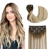 Sindra Echthaar Extensions Clip in Real Human Hair Haarextension Echthaar Balayage 40cm Ombre Walnuss Braun bis Ash Braun and Goldblond Haarverlängerung Glatt 100g 6 Stück C#3/8/22 16 Zoll