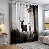 Verdunkelungsvorhänge mit Ösen Gardinen 2er Set Wald Nebel Hirsch Bedruckte Vorhänge, Schwarz Weiß Thermovorhang Ösenvorhang Schiebevorhänge für Schlafzimmer Wohnzimmer H166×B75 cm