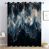 TERUEA Blickdichte Gardinen Verdunkelungs Vorhang Welle Blau Weiß Gold Akzent Vorhänge Muster in Schlaufenschal für Wohnzimmer Schlafzimmer (Marineblau)-H270 x B130 cm (2er Pack)