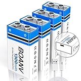 9V Akku Block Wiederaufladbare, 1300mAh 9V Lithium-ionen Batterie, Micro USB Ladegerät mit 2-in-1 Ladekabel für Rauchmelder, Alarme Tastatur Mikrofon 4 Stück