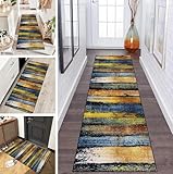 LUMIPAP Teppich Läufer Flur Teppichläufer Küchenläufer Küche Teppiche rutschfest Waschbar Bettvorleger für Flur Waschküche, 110x180cm Gelbe Retro Holzplatte