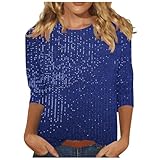 3/4 Arm Pullover Damen Glitzer Oberteile Festlich Bluse Langarm T-Shirt Pailletten Muster Langarmshirt Leicht Basic Shirt Rundhals Pulli Tops Tunika Abend Party Club Oberteil