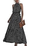 Yming Polka Dot Maxikleider Damen Casual Layered Ärmelloses Kleid Sommer Neckholder Kleider Schwarzer Punkt XL