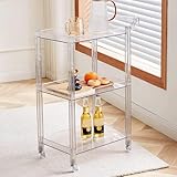 Rollwagen aus Acryl, 3 Etagen, mit Griff, transparenter Beistelltisch, Aufbewahrungsregal, Nizer auf Rädern, multifunktional, mobiles Weinregal, Servierwagen für Küche, Esszimmer, Wohnzimmer, Weiß