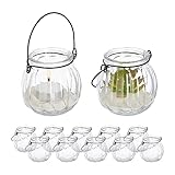 Relaxdays Windlicht Glas, 12er Set, Teelichthalter mit Henkel, H x D: 7,5 x 8 cm, rundes Kerzenglas, transparent