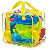 Prextex 12-Teiliges Strand-Und-Sandspielzeug-Set in Wiederverwendbarer Tasche mit Reißverschluss - Eimer mit Sieb, Spaten, Rechen, Gießkanne, Sandformen für Tiere und Burgen, 25.4 x 17.8 cm