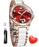 OLEVS Automatikuhr für Damen, selbstaufziehend, Diamant-Armbanduhr, luxuriöses Kleid, Roségold, Keramikuhr für Frauen, Liebe, Herz, Datum, 6631: Rot, Kleid