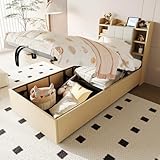 ANIROY Holzbett 90x200cm, Kinderbett Jugendbett Einzelbett mit USB- und Typ-C-Steckdose, Hydraulisches Bett, Kopfteil mit Stauraum, ohne Matratze, Holz