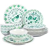 Potchen 12-teiliges Weihnachtsgeschirr-Set, Vintage-grünes Blumenmuster, Keramik-Geschirr-Set für 4 Personen, inklusive 10,2 x 27,9 cm Speiseteller, 10,2 x 22,9 cm Salatteller und 10,2 x 15,9 cm