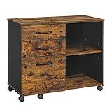 VASAGLE Rollcontainer, Aktenschrank, mit 3 Schubladen und Rollen, offene Fächer, für Dokumente in DIN A4-, Letter-Format, Druckerständer, Industrie-Design, vintagebraun-schwarz OFC041B01