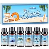 AESHORY Strand Ätherische Öle Set 6 x 10ML, Sommer Aroma Öl, Aromatherapie Duftöl für Diffuser - Hawaiianische Sonnenbräune/Spaziergang am Meer/Meeresbrise/Sonne & Sand/Steinsalz & Treibholz/Meeres