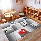 Carpettex Kinderteppich rutschfest | Ball und Fußball Design 80 x 120 cm | Kein Abwurf | Kurzflor und Waschbarer Spielteppich für Kinderzimmer für Mädchen und Jungen | Grau