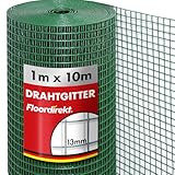 Floordirekt Volierendraht Drahtgitter feinmaschig 100cm hoch x 10m lang Hochbeet 4-Eck Drahtgeflecht, Nagergitter, Vogeldraht, Volierengitter, Gitterdraht, Drahtzaun grüne PVC Maschen-Weite 13x13mm