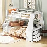 90 * 200cm140*200cm Etagenbett, Kinderbett, ausgestattet mit Tisch, großer Stauraum, hohes Geländer, Weiß