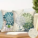 DecorMommt Kissenbezug Blau Und Grün 40x40cm Wasserdicht Kissenhüllen Outdoor Sofakissen Dahlie Geometrie Kissen Wasserfest Modern Leinen Dekorativ Kissenbezüge für Auto Bed Büro Garten Wohnzimmer