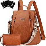 Eshow Rucksack Damen Klein, Anti-Diebstahl Elegant Cityrucksack, Wasserdichter Tagesrucksack Veganes Leder, Rucksacktasche mit Clutchbag RFID Blocker Modern für Pendeln Schule Arbeit Reise Braun