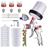 HVLP-Spritzpistole, Spritzpistole-Kit mit 10 Stück 600ML Einwegbechern Spritzpistole Cups &Druckmesser, Auto-Spritzpistolen-Kit mit 3 Düsen 1.4/1.7/2mm&Farbmischbecher (Rot)