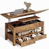 Rolanstar Höhenverstellbarer Couchtisch mit 2 Schubladen, 100 x 50 cm Wohnzimmertisch aus Holz,Platzsparend & Einfach Montiert für Schlafzimmer, rustikales Braun