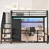 ANIROY Metall-Hochbett 140x200cm mit Schreibtisch & LED & Kleiderschrank & Stauraumtreppe, Metallrahmen Kinderbett Stauraumbett Bettgestell mit Lattenrost, ohne Matratze, Schwarz