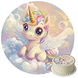 J&M DECO Tortenaufleger Einhorn – essbare Kuchendeko Ø 20 cm – Tortenbild für Mädchengeburtstag mit Regenbogen-Motiv – Tortendekoration aus Zuckerpapier – gebrauchsfertig