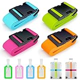 Koffergurte 4 Stück, Verstellbare Kofferband mit Adressschild, 2 Farben Kreuzgurt Kofferbänder für Koffer Markierung, Reisezubehör Gepäckgurt Luggage Strap zum Sicheren Verschließen (4 Farben)