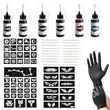 ElevaPulse Henna Set mit 6 Flaschen Tinte - Komplettset mit 56 Schablonen und Zubehör für temporäre Tattoos DIY Körperkunst