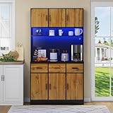 SogesHome Hochschrank Küchenschrank Vitrinen Schrank Buffetschrank mit LED Beleuchtung Schubladen Steckdosen für Küchen und Esszimmer,100x40x180 cm (Teak Schwarz)