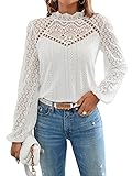 GORGLITTER Damen Elegant Blusen Stehkragen Oberteiel Hemdbluse Langarm Spitzen Tunika Bluse mit Laternenärmeln Weiß L