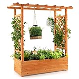 RELAX4LIFE Pflanzkasten mit Rankgitter & Dachregal, Blumenkasten mit Gartenspalier für Kletterpflanzen & Korbpflanzen, Rankkasten Holz, Blumenbeet für Balkon Terrasse (110 x 44 x 113,5 cm, Orange)