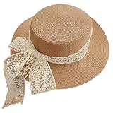 SUPTTING Damen Strohhut Sonnenhut Breite Krempe Faltbar Schlapphut Boho Klassisch, UV-Schutz Elegant, Strandhut Spitzenband Schleife Sommerhut für Gartenparty Strandurlaub