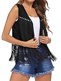 YILEEGOO Damenweste mit Quasten, Fransen, 70er-Jahre, Hippie-Kunstwildleder, Nieten, ärmellos, Jacke, Cardigan, Tops, Schwarz , L