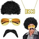 80er Jahre Outfit Herren,4er Set Herren Perücke,70er Jahre Outfit Herren,Hippie-Kostüm,Afro Perücke für 70er Disco Cosplay,Kostümfeste,Perücken-Set,Schnurrbart für Erwachsene,Neuer Karnevals-Chic