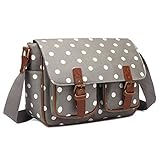 KONO Umhängetasche Groß Messenger Bag Wachstuch Schultertasche Schulranzen für Jungen und Mädchen Damen Tupfen Lässige Reise Tasche Handtasche für Schule (Grau)