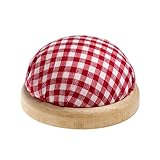 Rundes Nadelkissen mit Heller Holzumrandung, Farbe: rot & weiß kariert