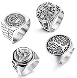 LOLIAS 4Pcs Herren Ringe Siegel Edelstahl Ringe Band Breite Keltische Knoten Ringe für Männer Damen Baum des Lebens Ring Gravur Vintage Biker Ring Set Schwarz Retro Ring Silber/Goldton