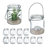 Relaxdays Windlicht Glas, 12er Set, Teelichthalter mit Henkel, HxD: 9,5 x 8 cm, runde Kerzengläser, transparent/schwarz