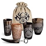 VIKING CRAFT® Trinkhorn Wikinger Hornbecher 4x ca. 200ml – Hochwertiges Wikinger Becher Set für Deinen Wikinger Met Honigwein - Wikinger Deko, Met Becher, Horn Set, Mittelalter Bierkrug, LARP