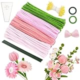 MOTONG 400 Stück Pfeifenreiniger zum Basteln-4 Farben Pfeifenputzer Rosa zum Chenilledraht, 360 Stück Staubgefäße 20 Stück Blumendraht zum Basteln mit Geschenkband Pfeifenputzer Blumen Set