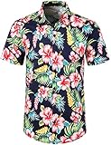 JOGAL Herren Blumen Kurzarm Baumwolle Hawaii Hemd XX-Large NavyHibiskus