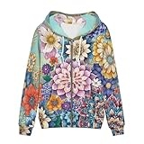 Showudesigns Damen Hoodies & Sweatshirts mit Reißverschluss XS-5XL, Hippie-Blumenmuster, L