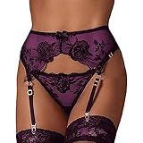 NewBull Damen Strapsgürtel Spitze Strumpfhalter Strapsen Slips Dessous Set Strumpfband Hosenträger Hüfthalter (Lila)