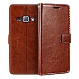 Shantime Lederhülle Kompatibel mit Samsung Galaxy J1 6 Duos LTE, Business Design Magnetische Klapphülle, 3 Kartenfächer, Foto und Geheimfach(Braun)